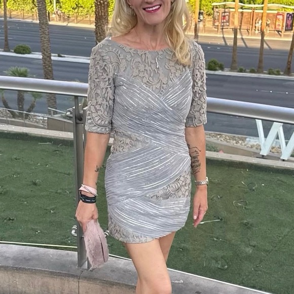 Tadashi Shoji Silver Lace Mini Dress- see measurements - Picture 8 of 9